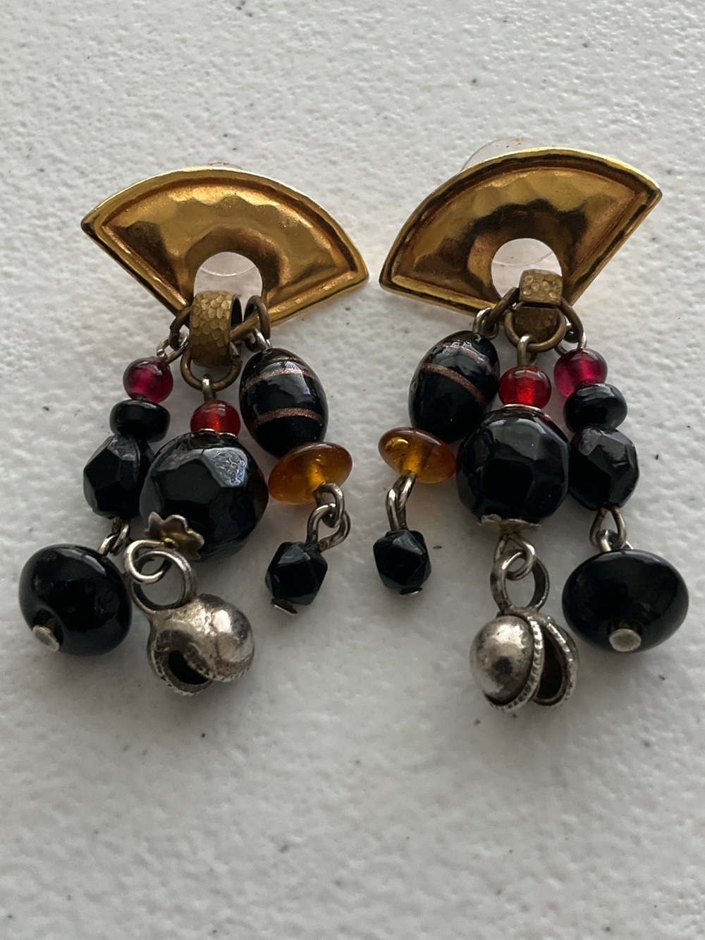 Liz Claiborne Gold-Tone Fan Earrings with Black Bead Drops and Red Accents
